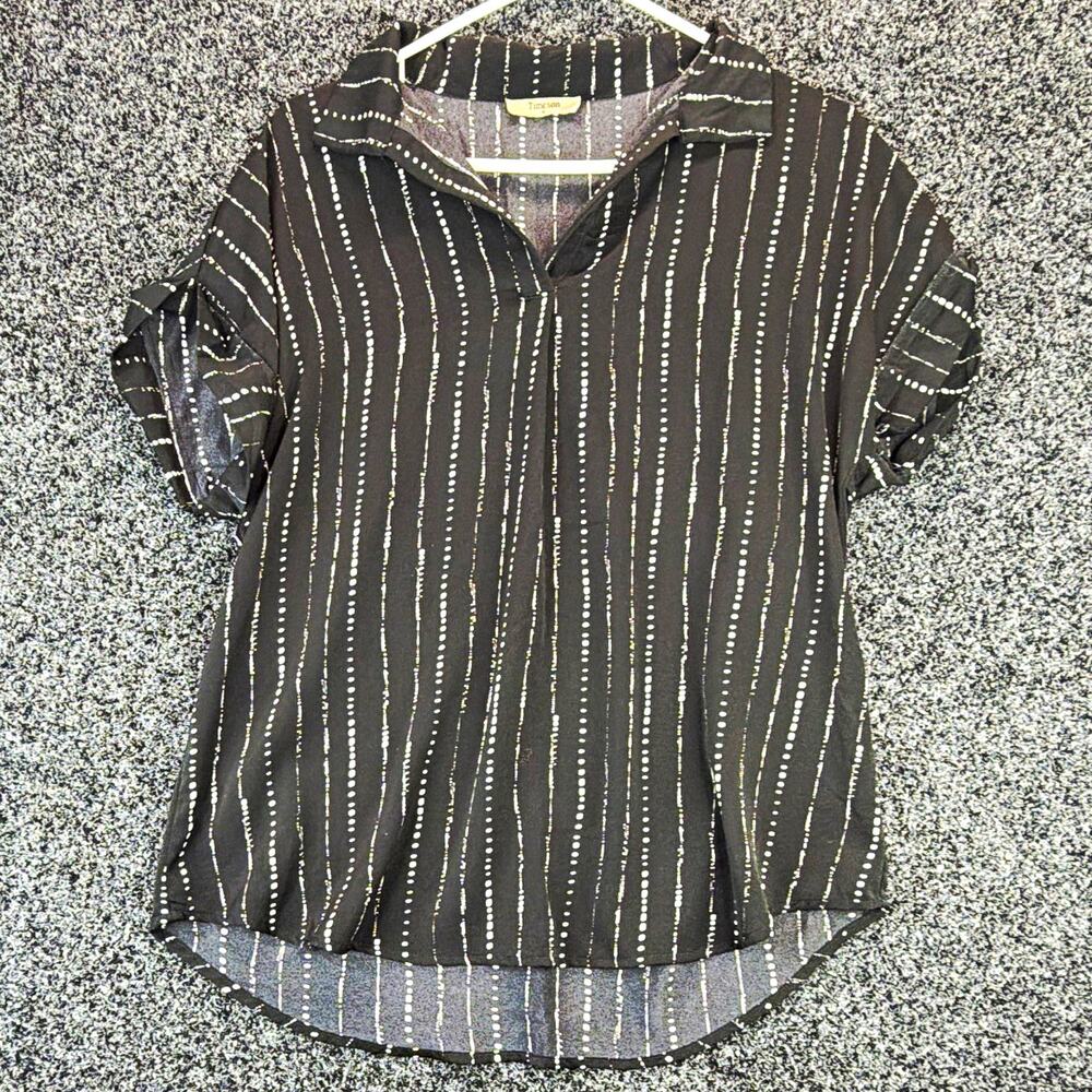 Timeson Women's Black White Striped Collared Button-Up Short Sleeve Blouse M